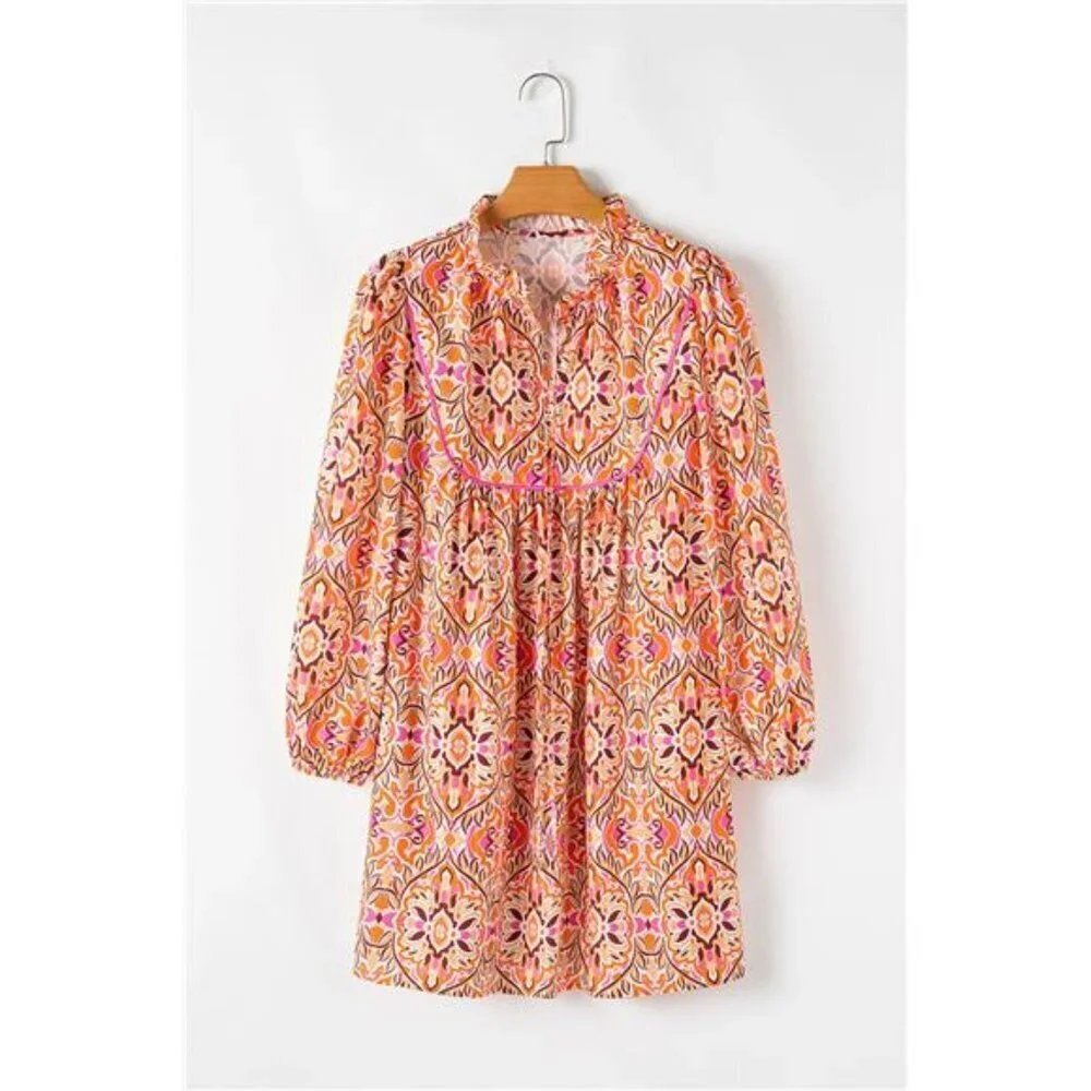 Printed Tie Neck Long Sleeve Mini Dress